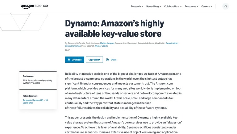 亚马逊科学官网上的 Dynamo 论文页面