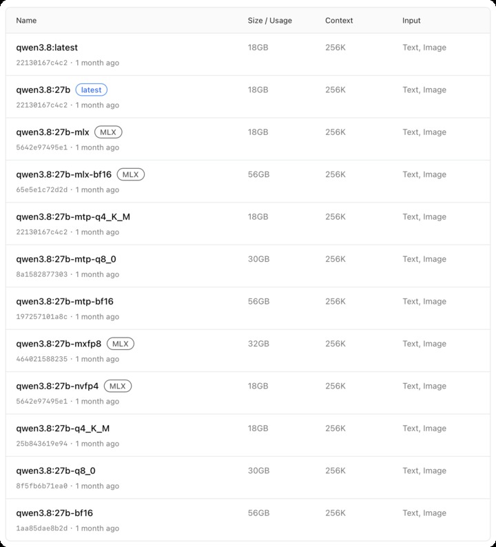 同一个模型的不同打包版本列表,GGUF 与 MLX 各有一份