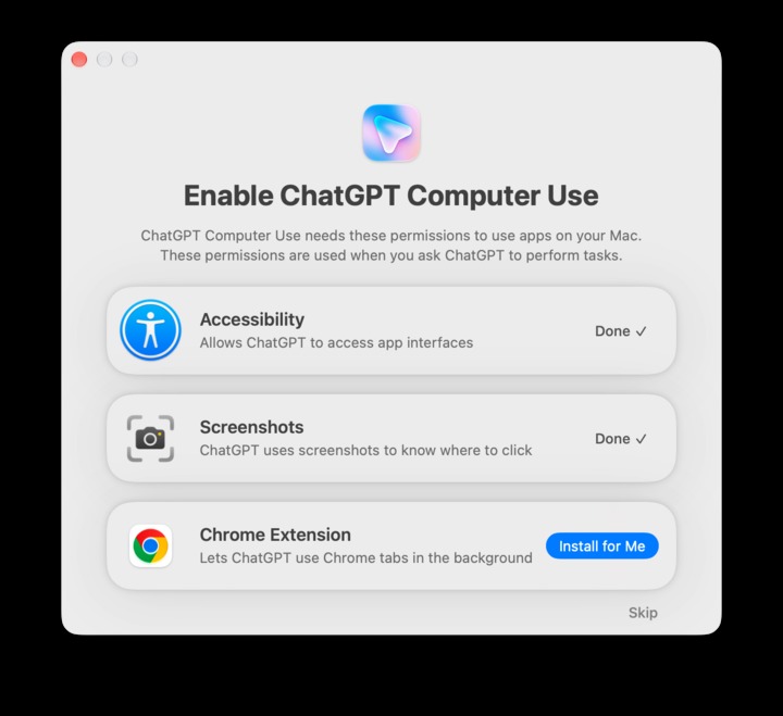Computer Use 的权限申请弹窗,列出辅助功能与截屏权限