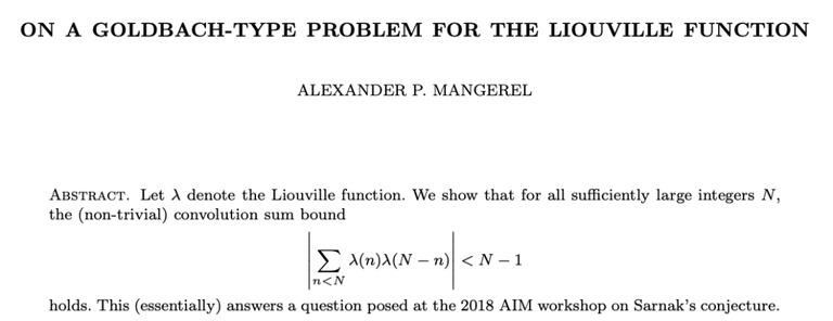 Mangerel 论文《On a Goldbach-Type Problem for the Liouville Function》摘要页