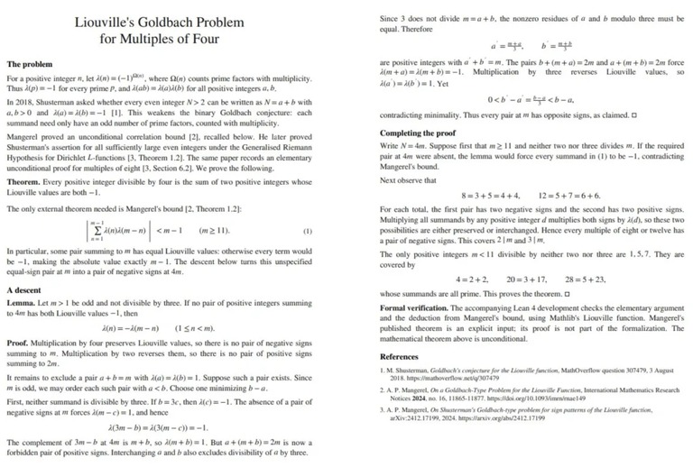 Astra 提交的两页论文首页，标题为 Liouville's Goldbach Problem