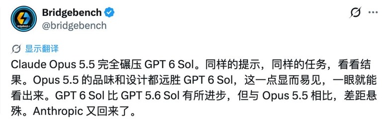 Bridgebench 认为 Opus 5.5 设计完成度更高的推文
