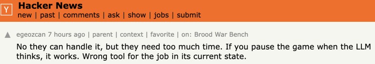 Hacker News 上关于 Brood War Bench 的讨论截图