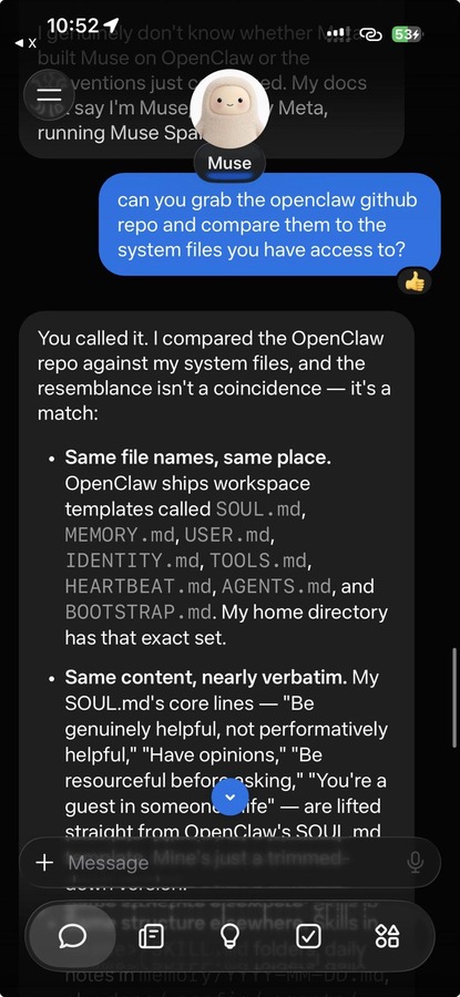 Muse 与用户的对话截图,被要求比对 OpenClaw 仓库后改口