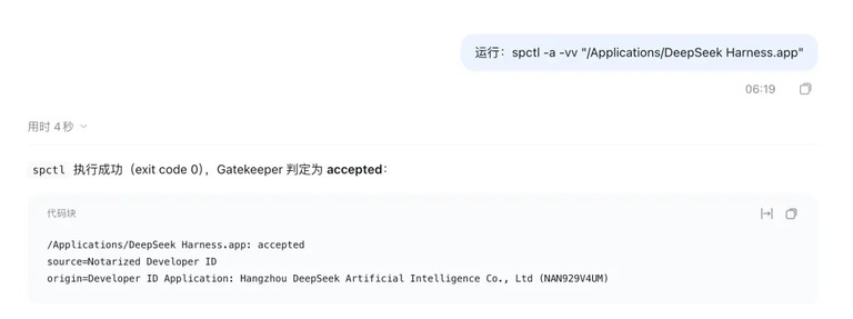 spctl 校验结果显示 Gatekeeper 判定为 accepted