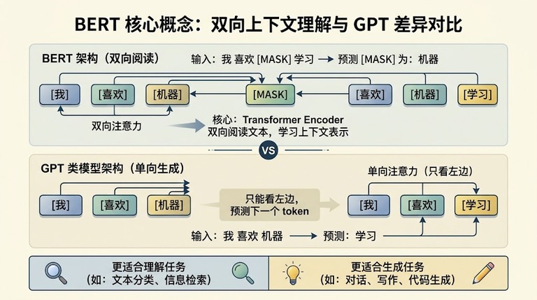 BERT 与 GPT 的双向、单向阅读差异对比