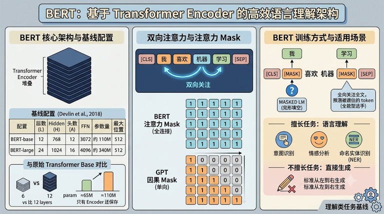 BERT 基于 Transformer 编码器的架构与注意力遮罩示意