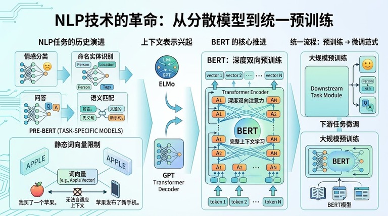 NLP 任务从分散模型走向统一预训练的演进图