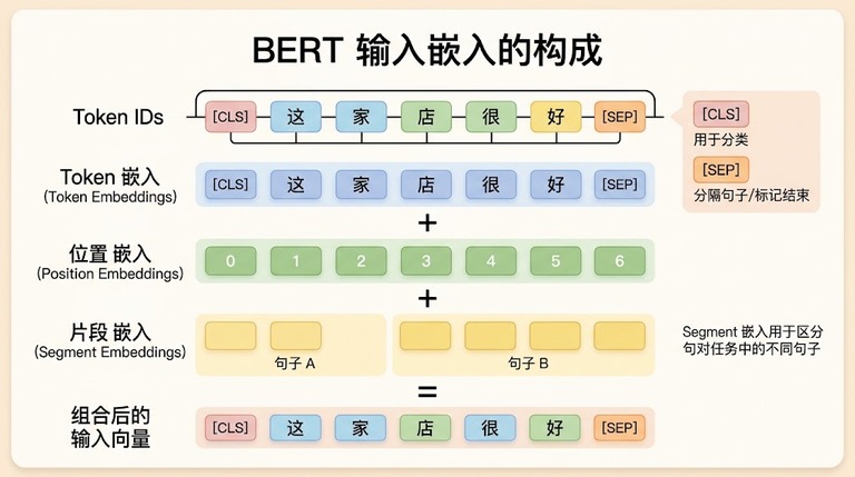 BERT 输入嵌入由词元、位置、句子段三部分构成