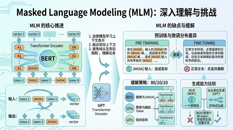 遮词预测(MLM)的训练方式与分布差异示意