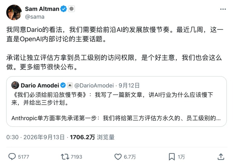 奥特曼承诺给独立评估方员工级权限的推文截图