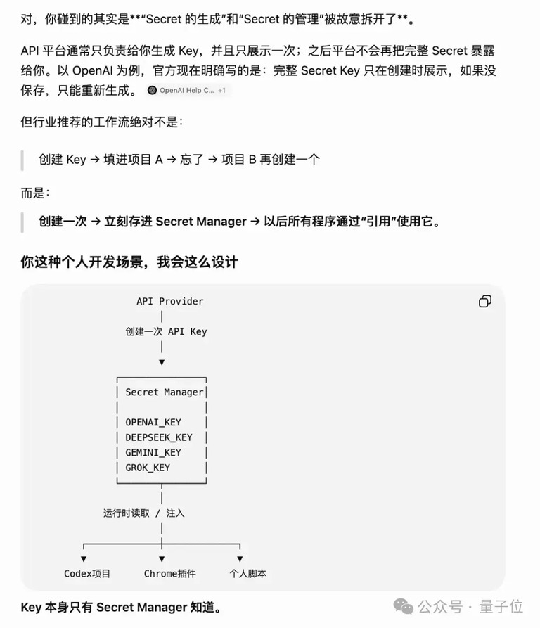 一张 AI 对话截图,讲密钥的生成和管理被拆开了。