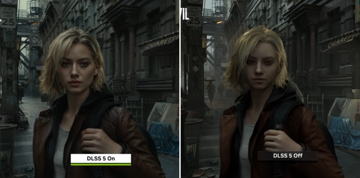 一张 DLSS 5 开 / 关对比图。
