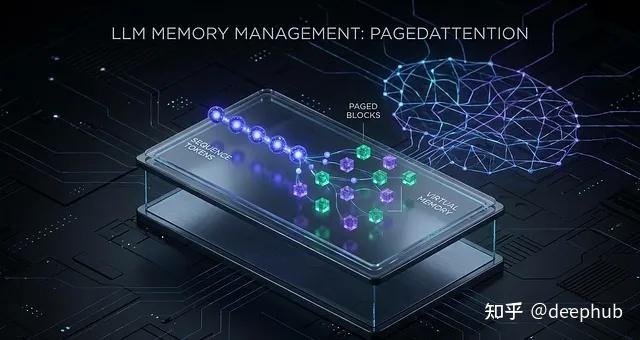 PagedAttention 概念图,图中标注 LLM Memory Management 与 Paged Blocks,页脚为知乎 @deephub