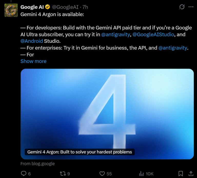 Gemini 4 Argon 上线的官方推文
