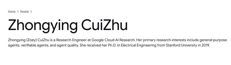 Home People page of Zhongying (Zoey) CuiZhu, Research Engineer at Google Cloud AI Research