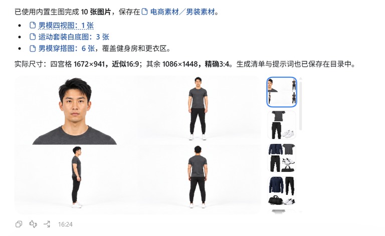 报账，四视图一张，运动套装白底图三张，穿搭图六张