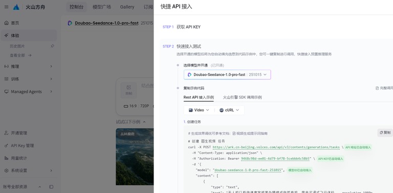 火山方舟控制台，模型广场里挑 Seedance 那一支