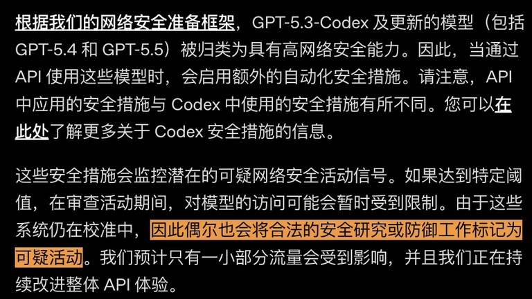 OpenAI开发者文档中关于网络安全风险标记的说明