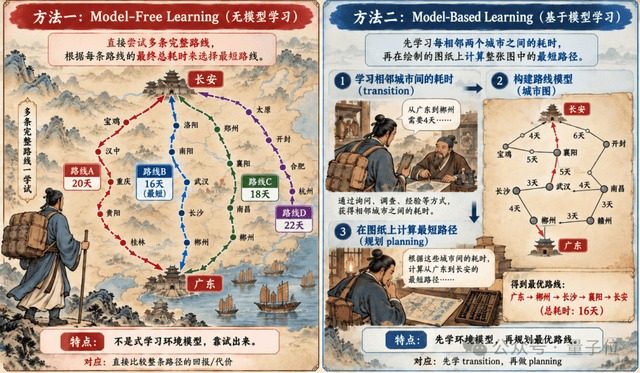 无模型学习与基于模型学习两种解法对比图