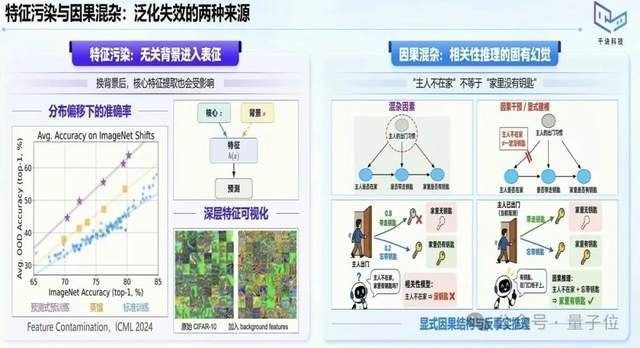 特征污染与因果混杂两种泛化失效来源示意图